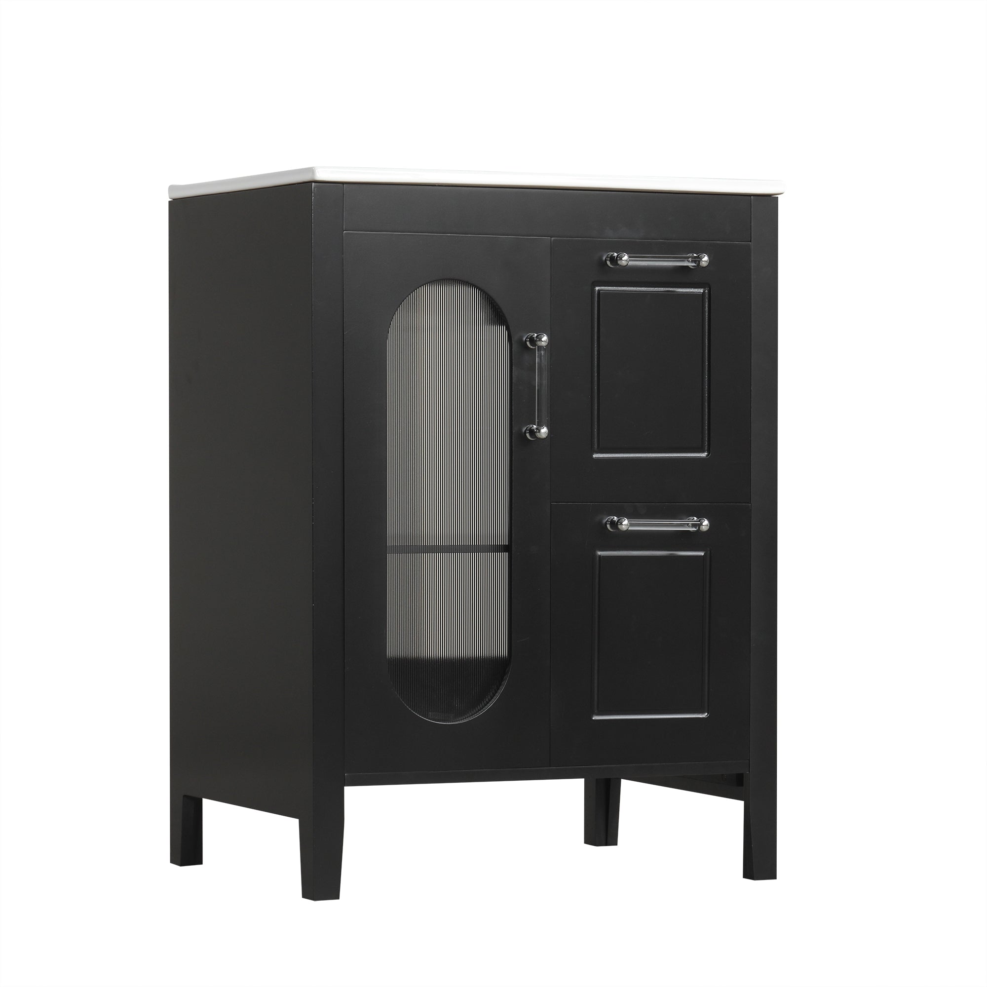 VanityFus 24-in Black Bathroom Vanity Single Sink Combo Ceramic Top 1 Glass door 2 drawers Undermount Adjustable Shelves
